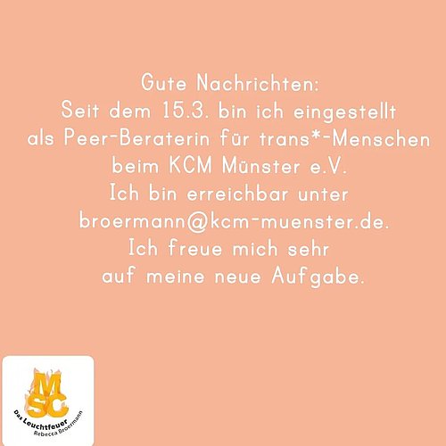 Trans-Beratung beim @kcmmuenster. Mail an broermann@kcm-muenster.de!

#peertopeer #peertopeerberatung #peerberatung...
